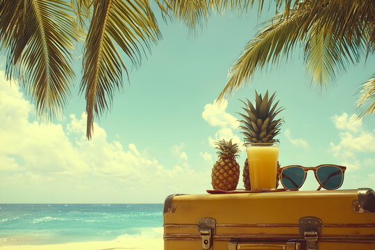 Tropical vacation scene Suitcase, pineapples, juice, sunglasses on beach under palm trees.  Perfect for travel brochures or summer holiday promotions.
