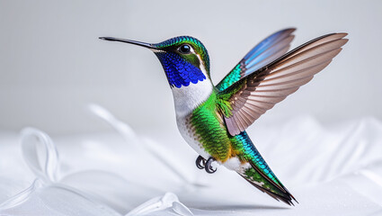 Obraz premium Vibrant hummingbird in flight, showcasing iridescent feathers and delicate wings against a neutral background.