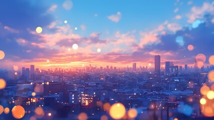 Fototapeta premium A dreamy urban sunset with a bokeh effect, showcasing a city skyline under a colorful, glowing evening sky