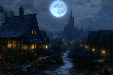 Enchanting medieval village at night, illuminated by moonlight and glowing windows. A picturesque stream flows through the quaint streets.