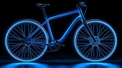 Blue-lit hybrid bicycle, studio shot, dark background, showcasing design, for advertising.