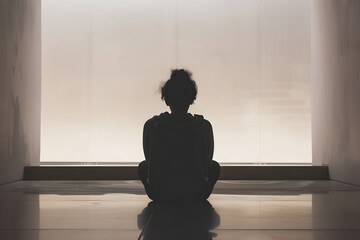 A silhouette of a person sitting in contemplation by a large window.