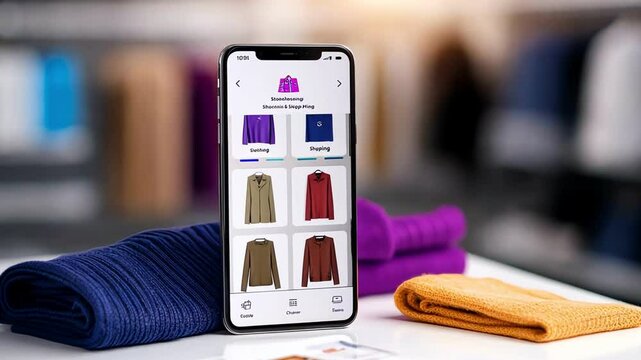 Mobile app displaying clothing options next to folded sweaters in a modern setting.