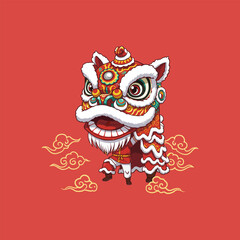 The image depicts a stylized cartoon illustration of a traditional Chinese lion dance costume against a red background with golden clouds.