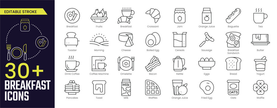 Breakfast Stroke icon collections. Containing Breakfast, Fruits, Croissant, Jam, Orange Juice, Baguette, Tea, Omelette and more icons. Editable Stroke icon collection Outline icon