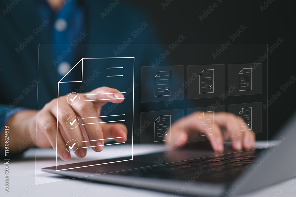 Fototapete Document management concept, check electronic documents on digital documents on virtual screen Document Management System and process automation to efficiently document paperless operate, document.