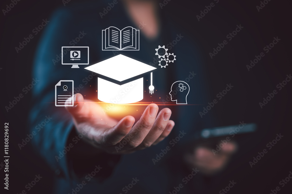 Poster education, e-learning technology concept. ai and machine learning enhance personalized learning. tec