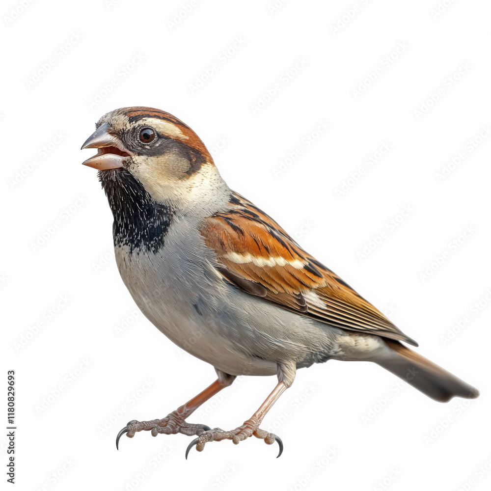 Poster close-up of a sparrow. showcasing its detailed plumage and vibrant colors. with a white background t