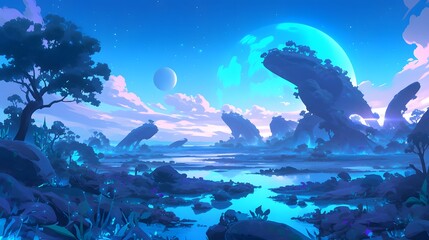 A fantastical alien landscape with a seamless space background, ideal for a game application