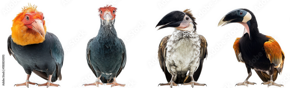 Poster a series of four distinct bird species. each with unique plumage and features. highlighting their di