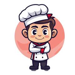 Obraz premium A cartoon chef with arms crossed, wearing a white chef's hat and a red and white uniform, smiling.