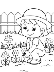 Happy Girl Gardening Flowers, Ready-to-print coloring page on standard 8.5x11 inch paper