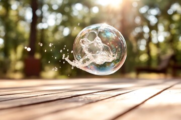 A large, shimmering bubble floats above a wooden deck, reflecting sunlight and surrounded by trees. The setting captures a peaceful afternoon with gentle splashes of water below