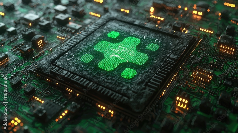 Poster close-up of a futuristic circuit board with glowing green chip - abstract tech background