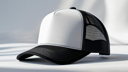 White and black trucker hat mockup on white background. (1)