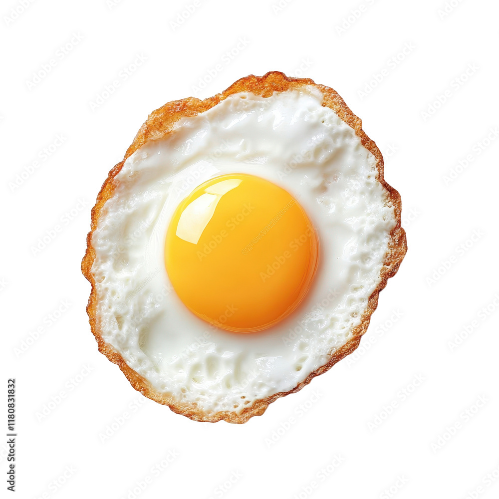 Poster perfectly cooked fried egg with a bright yellow yolk. surrounded by a crispy white edge. set against a soft pink background this visually appealing presentation highlights the egg's texture and color.