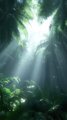 Obraz premium Lush green jungle with sunlight filtering through trees