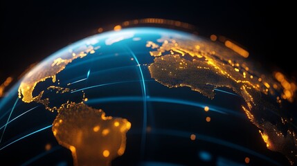 A digital depiction of Earth highlighting continents with glowing network connections.