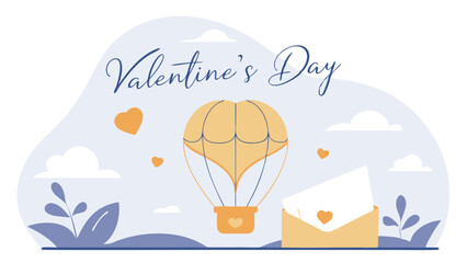 Valentine's Day illustration, heart-shaped hot air balloon, calligraphy text, pink sky, white clouds, red hearts, love letter envelope, grass silhouette, romantic atmosphere, digital art, paper cut-ou
