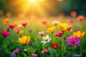 Fototapeta premium Colorful flowers blooming in a green meadow at sunrise, flowers, nature