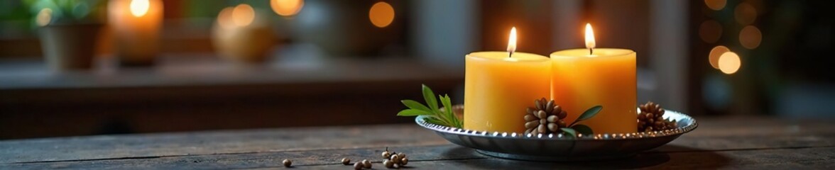 Obraz premium Olive oil filled Hanukkah candles in a silver holder, hanukkah candles, decorative centerpiece