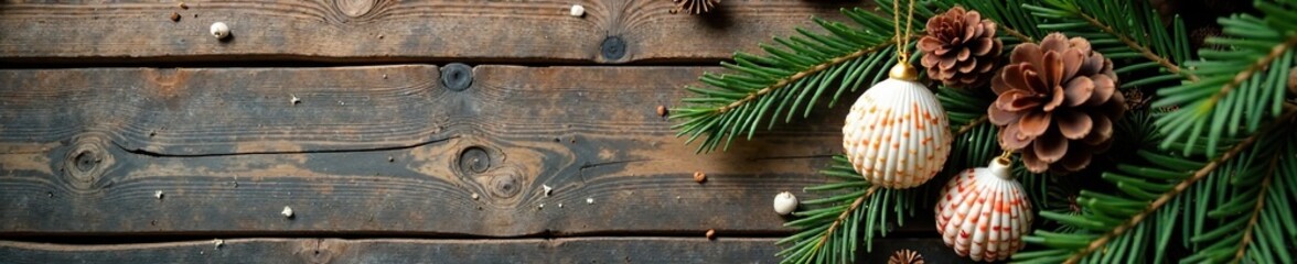 Sea shell and pinecone ornaments on a rustic wooden tree, twigs, decorations, branches