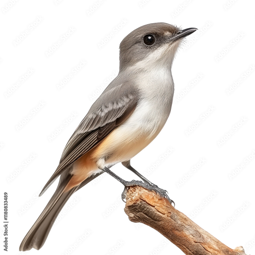 Poster small bird perched on a branch. showcasing its sleek gray and white plumage with a hint of orange on