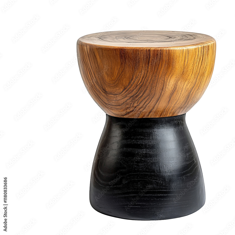 Poster stylish wooden stool with a rounded top and a contrasting black base. showcasing a modern design tha