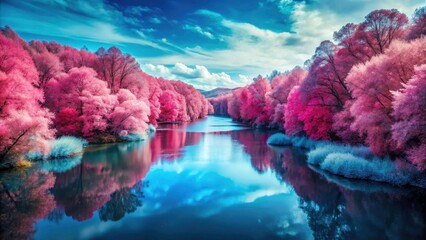 Surreal Pink Forest by Tranquil Blue River - Minimalist Landscape Photography