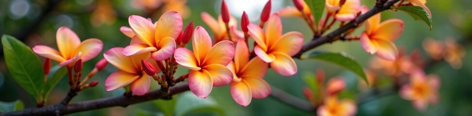 Fototapeta premium Frangipani tree in full bloom with clusters of buds and flowers, hibiscus, frangipani, flowers