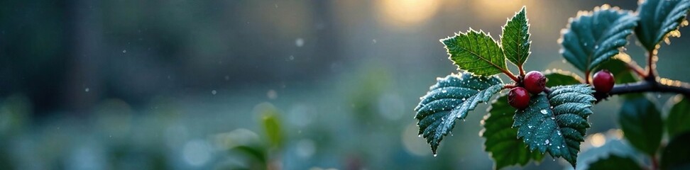 Frosty morn dew glistens on dark green holly leaves, frozen_dewdrop, winter_landscapes