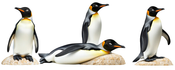 Four charming penguins on a white isolated background, showcasing their unique poses and playful nature.