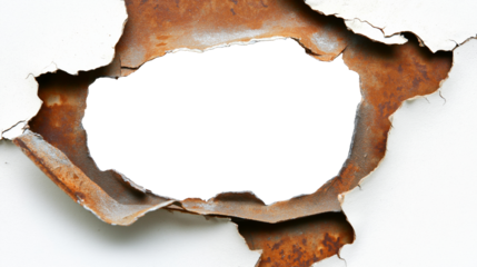 Transparent  hole with torn edges on white surface highlighting corrosion   