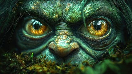 Close-up of a mysterious creature's face, with intense eyes and dark, mystical atmosphere. A terrifying yet captivating fantasy art.