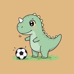 A cute cartoon dinosaur with a horn is happily playing with a soccer ball on a patch of green grass.