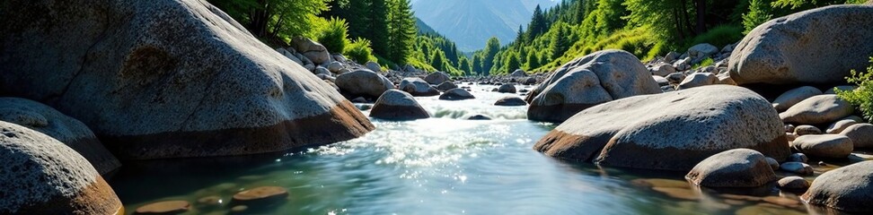 Gentle water stream flowing between giant rocks, landscape, mountain