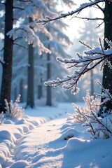 Frosty branches sway gently in the winter wind, icy landscape, forest snow, frosty morning