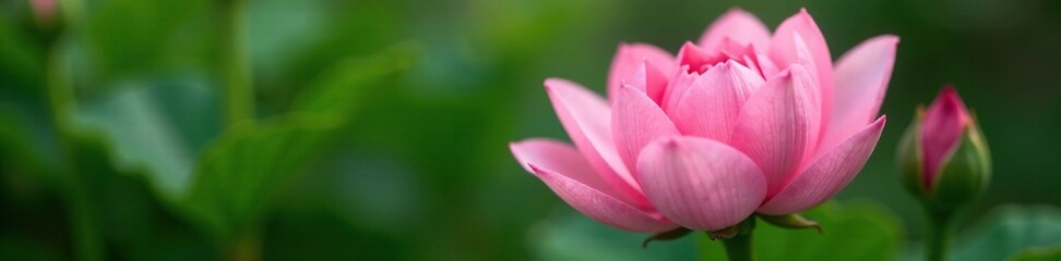 Fototapeta premium Soft pink petals folded tightly around a central bud, blossoming, greenery