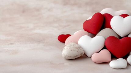 Fototapeta premium Pile of decorative hearts in various colors and textures.
