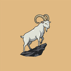 A majestic white mountain goat with large horns stands confidently atop a dark rock formation against a light brown background.