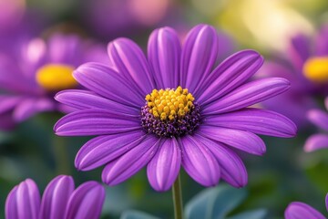 Purple daisies with bright yellow centers bloom in a garden during springtime