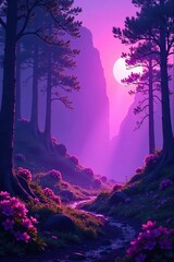 Radiant violet beams illuminating a serene landscape, radiance, gentle glow