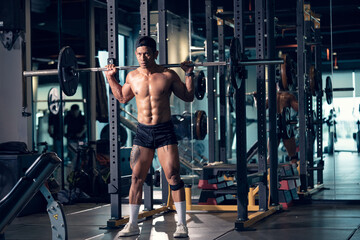 Fototapeta premium Sporty man bodybuilder or powerlifter exercising deadlift with barbell on cross training in a gym. Fitness exercising in gym.