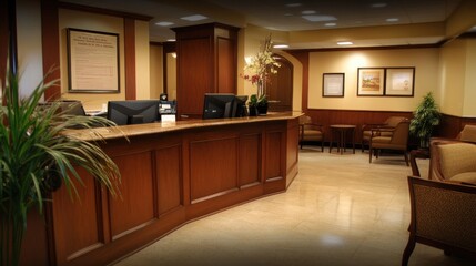 Reception area with a large desk, branded background, and inviting seating,