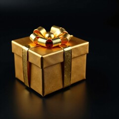 Decorative golden gift box on black background, present, gold