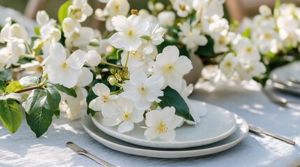 Elegant Table Setting with White Flowers and Soft Green Plates in Natural Light