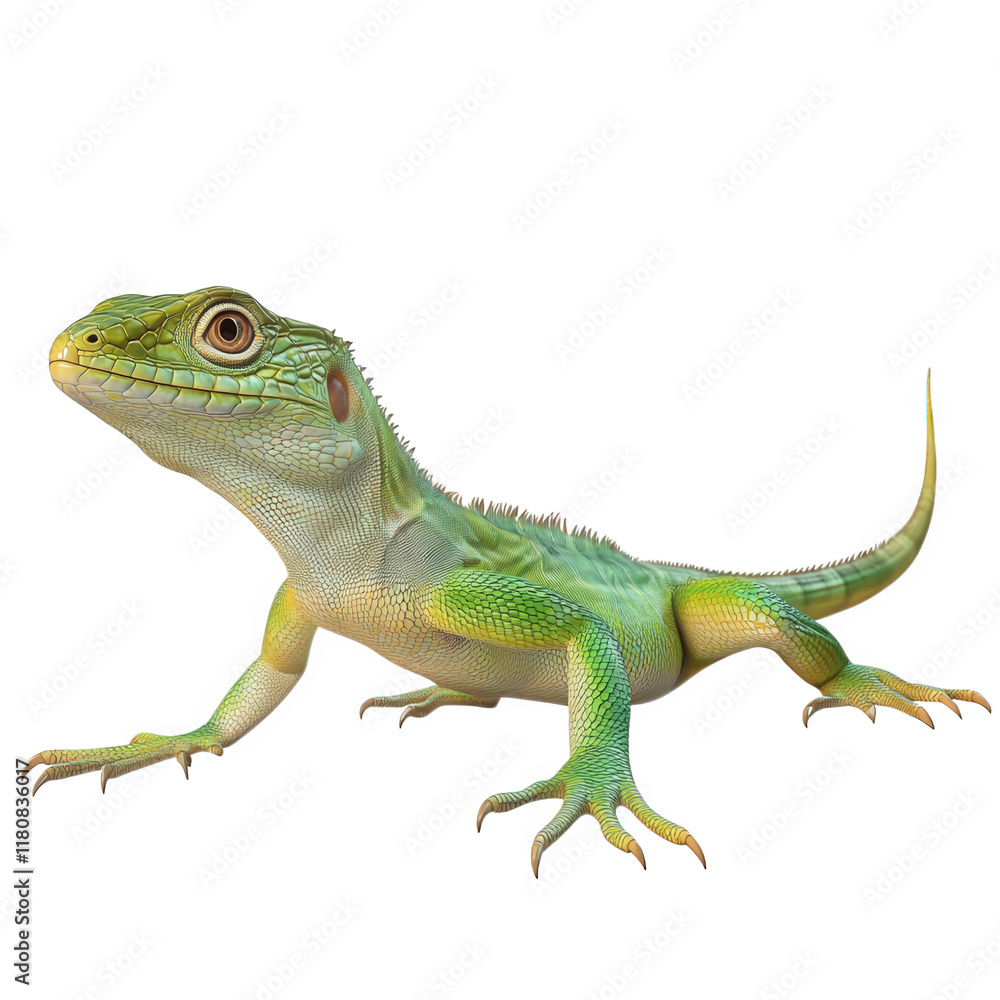 Poster a vibrant green lizard with a detailed texture. showcasing its unique features like large eyes and d