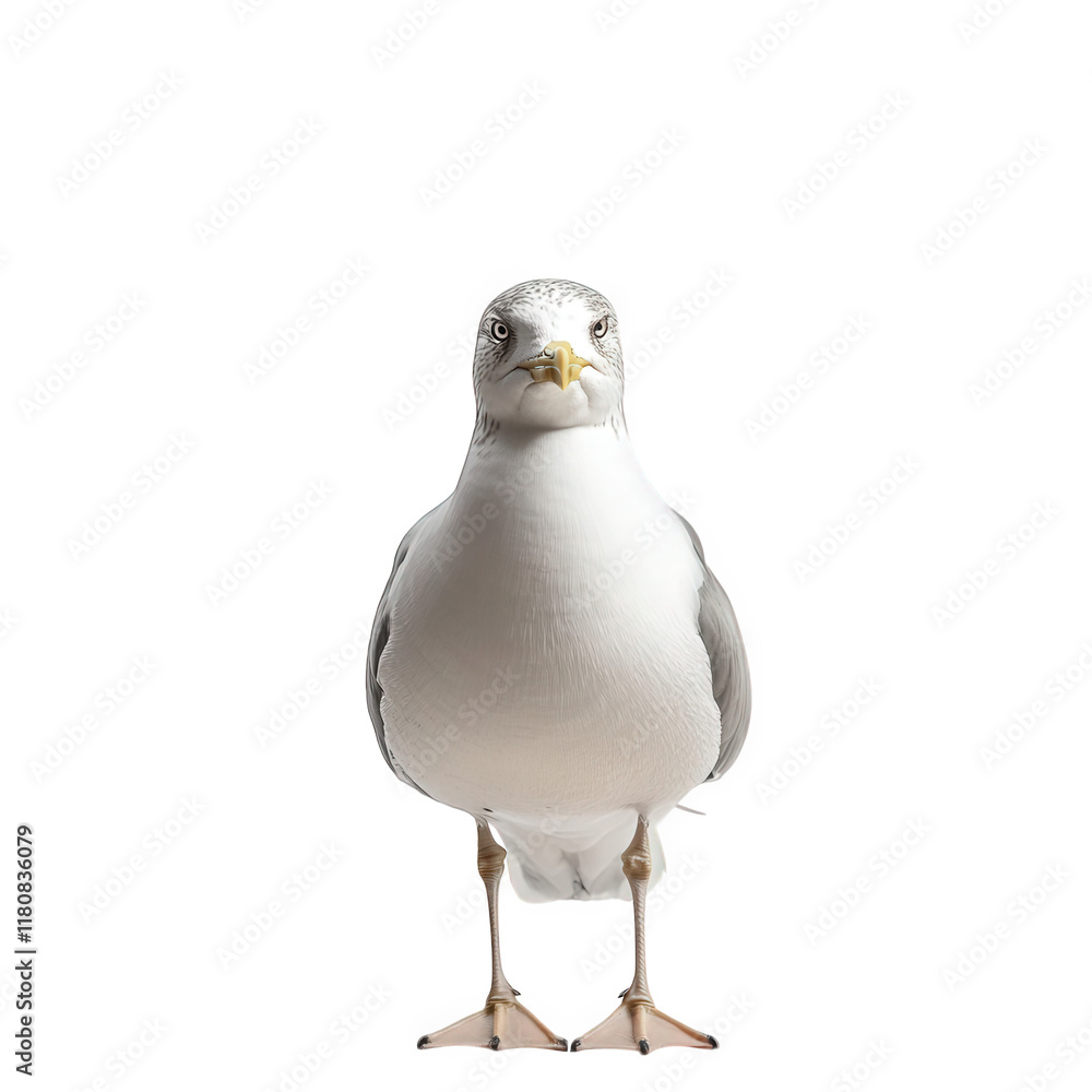 Poster close-up of a seagull standing upright against a plain white background the bird's detailed feathers