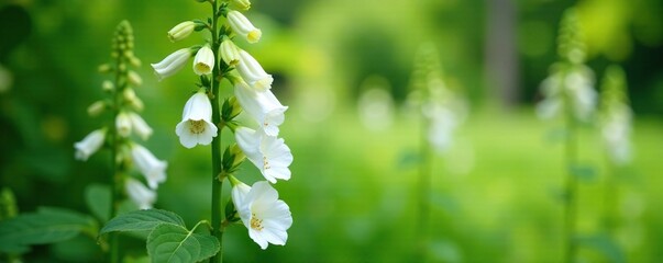 Obraz premium Tall white foxglove plant with tubular white flowers, leaves, nature, white