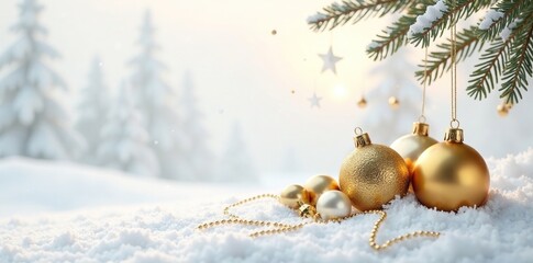 A sprinkling of golden and white glass baubles on a snowy landscape, white background, golden ornaments, elegant ornamentation